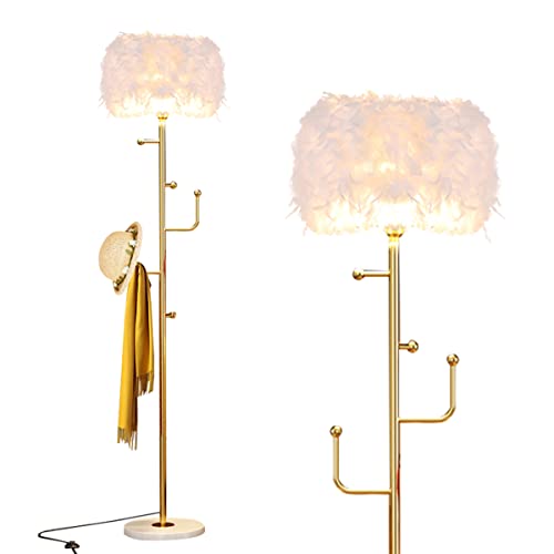 Feather Floor Lamp Standing Lamp with Coat Rack for Living Room,Modern Metal Hall Coat Tree with 5 Hooks,Pole Lamp Reading Floor Lamp for Bedroom and Living Room