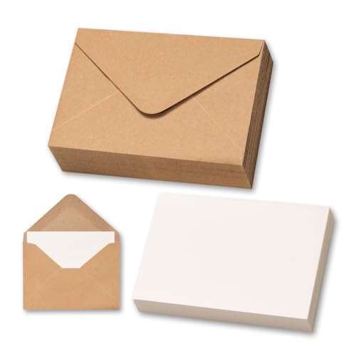 50 Sets Kraft Mini Envelopes with Blank Gift Cards, Business & Note Cards - Wedding Invitation, Graduation, Holiday Pocket Envelopes 4x2.75" Bulk for Party Favors & Scrapbooking