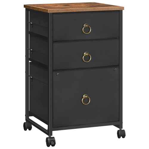 HOOBRO 3-Drawer Mobile File Cabinet, Vertical Filing Cabinet, Under Desk Storage Drawers for Home Office, Rolling Printer Stand, A4/Letter-Sized, Nonwovens Drawer, Rustic Brown and Black BFK30WJ01