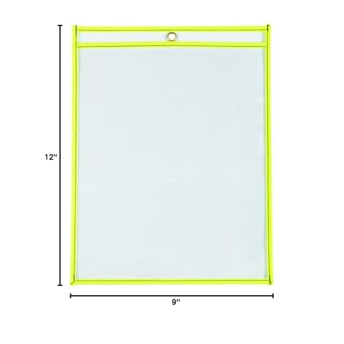 BOX USA Neon Stitched Job Ticket Holders, Top Loading, 9 x 12", Clear with Neon Yellow Edging, Reusable Vinyl, Dry Erase, Use to Protect/Store Documents in The Office and Warehouse, Case of 15