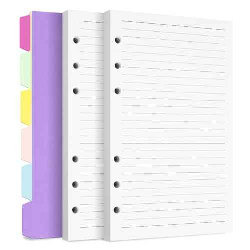 A5 Refill Paper Planner Inserts, 6-Hole Loose Leaf Paper, College Ruled Loose Leaf with Binder Dividers, Punched Notebook Refills for 6-Ring Refillable Binder, 240 Pages, White
