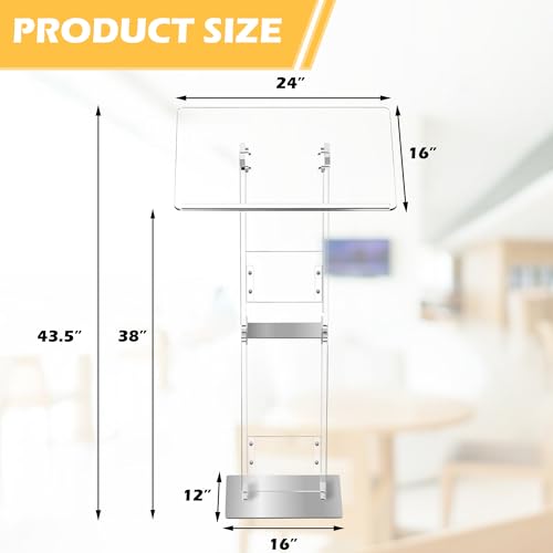 Koretech Clear Acrylic Podium Stand 43.5" with Adjustable Reading Surface, Heavy Base – Lectern for Church, Classroom, Weddings (Variation: Clear)