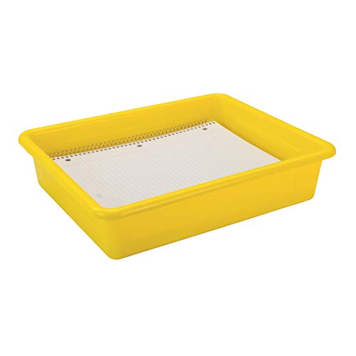 Storex Letter Size Flat Storage Tray – Organizer Bin with Non-Snap Lid for Classroom, Office and Home, Yellow, 5-Pack (62538U05C)