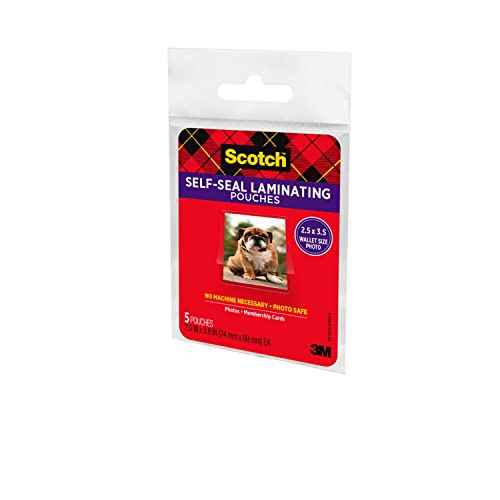 Scotch Self-Sealing Laminating Pouches, Glossy Finish, Wallet Photo Size 2 1/2 in x 3 1/2 in, 5 Pouches