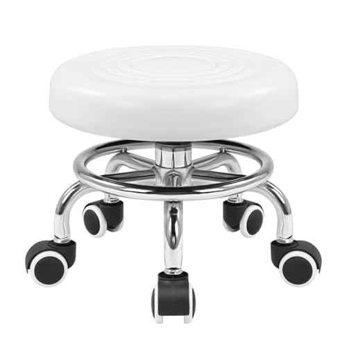KKTONER Black Roller Seat PU Leather Rolling Stools with Wheels Nail Stool for Home Work Office Shop Step Stool (White)