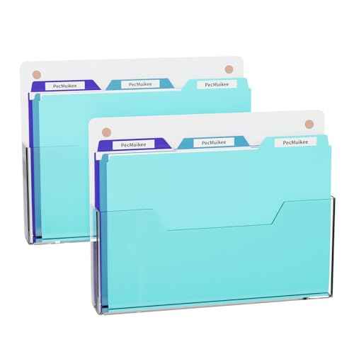 PecMuikee Wall File Organizer, Horizontal Acrylic Mail Magazine Holder Wall Mount, 4 Colors of Screw Caps Included Hanging File Organizer for School, Office, Hospital, 2 Pcs