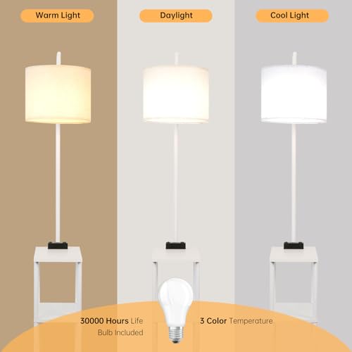 Floor Lamp with Table, Narrow Side Table with USB-A/USB-C Charging Station and AC Port, 3 Color Temperatures 12W LED Bulb, End Table for Bedroom, Living Room and Home Office, White