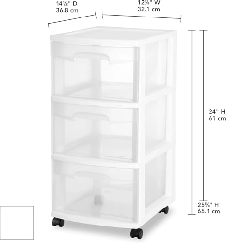LovingStar Plastic Storage Drawer Cart with 3 Clear Drawers & Casters, Medium White