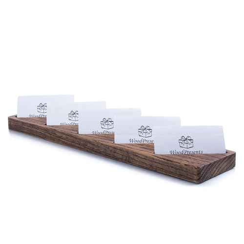 Oak Wood Multiple Business Card Holder - 5 Slot Modern Card Stand for Office Desk, Perfect Professional Card Organizer for Men and Women, Stylish and Functional Design (Dark Brown)