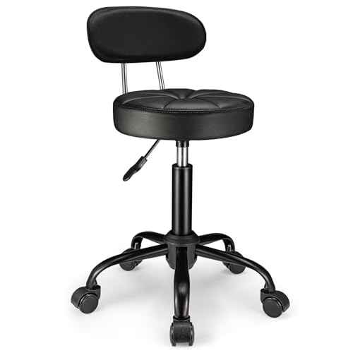 PU Leather Rolling Stool with Back Support Height Adjustable Swivel Stool Chair with Wheels Drafting Chair for Spa Slaon Massage Black