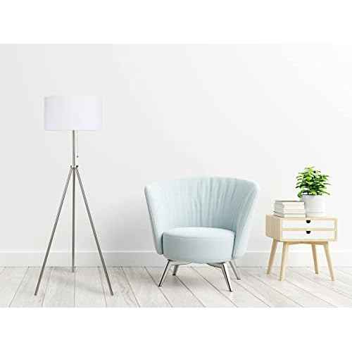 O¡¯Bright Tripod Floor Lamp, Adjustable in Height, 100% Metal Body with Linen Drum Shade, E26 Socket, Bedside Lamp, Standing Light for Living Room, Bedroom, Office, Brushed Nickel
