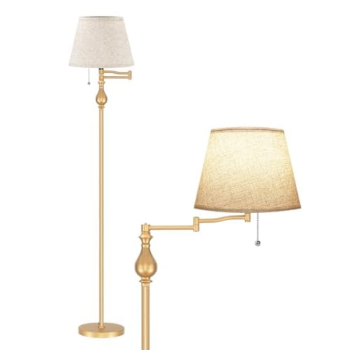 Vintage Floor Lamp with 350¡ÆAdjustable Swing Arm, 61¡± Mid-Century Modern Floor Lamp, Farmhouse Standing Pole Lamp, Antique Reading Lamp for Living Room, Bedroom, Office, Linen Shade, Gold DE13LD05