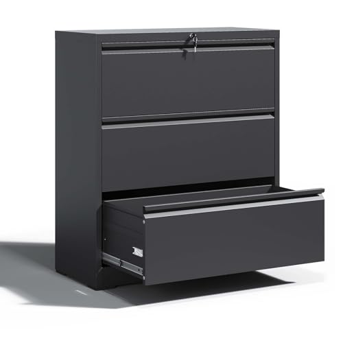 OPTYMIRA 3-Drawer Locking Lateral File Cabinet, Black, 40.4" H