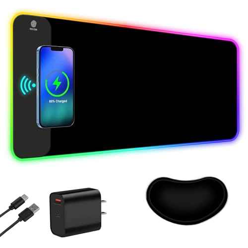 ToLuLu Wireless Charging RGB Gaming Mouse Pad, 15W LED Mouse Mat with 30W Charger, 14 Light Modes Large Mousepad Wrist Support, Non-Slip Rubber Base Desk Mat Computer PC Keyboard Pad XXL, Cool Black