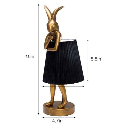Rabbit Table Lamp with Linen Shade & Gold-Toned Resin Base Cordless Rechargeable LED Table Lamp for Kids Room, Bedroom, Nightstand, Nursery.