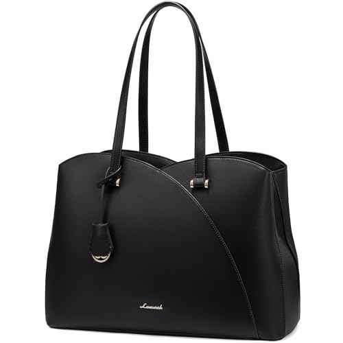 LOVEVOOK 17 Inch Laptop Tote Bag for Women, Work Bags Laptop Bag Teacher Tote Bag, Leather Computer Bag Large Purses Handbag Professional Briefcase, Black