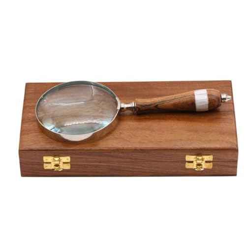 Chrome Brass Magnifying Glass with Inlaid Mother of Pearl Wood Handle & Hardwood Case ? 9" Vintage Loupe with Clear Lens ? Gift for Seniors, Collectors, Hobbyists, Reading & Inspection Tool