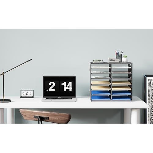 EasyPAG Paper Trays for Classroom 14 Tier Mesh Desk Organizer Shelves with Handle A4/Letter Size File Folder Organizer Shelf for Office, School, Home, Silver