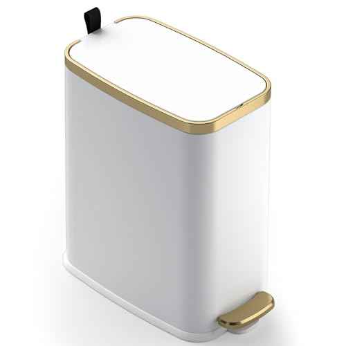 CEROELDA Small Bathroom Trash Can with Lid Soft Close-5L/1.3 Gal Slim Garbage Can-Metal Step Wastebasket-Rectangle Narrow Waste Bin for Office, Bedroom, Toilet, Live Room (White)