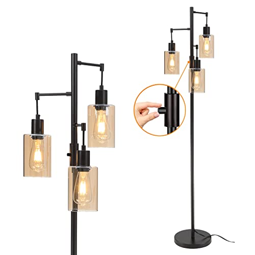 Farmhouse Floor Lamp, Dimmable Floor Lamp for Living Room, Rustic 3 Lights Oil Rubbed Bronze Tree Standing lamp, Vintage Tall Pole Lamp with Amber Glass Shade