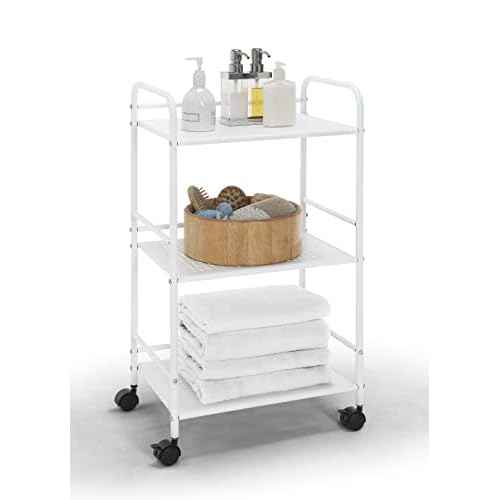 SunnyPoint 3-Tier Rolling Utility Cart ? Metal Storage Organizer with Wheels, Mobile Kitchen Cart, Office & Home Organizer, White, 12" D x 16.92" W x 31.1" H