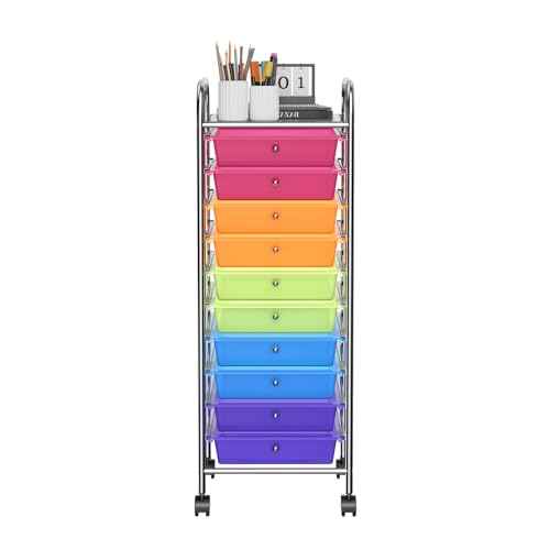 Storage Cart, Rolling Utility Cart with 10 Drawers, Portable Handles & Lockable Wheels, Mobile Paper Toys Storage Organizer Large Capacity for Home Office School Teacher (Rainbow)