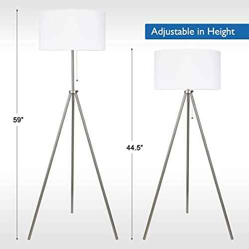 O¡¯Bright Tripod Floor Lamp, Adjustable in Height, 100% Metal Body with Linen Drum Shade, E26 Socket, Bedside Lamp, Standing Light for Living Room, Bedroom, Office, Brushed Nickel