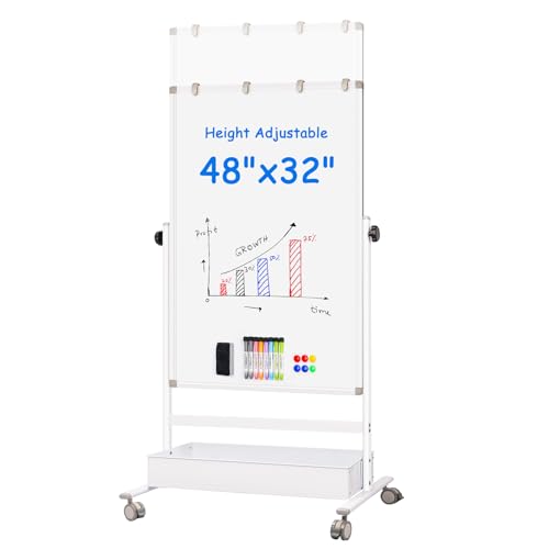 Maxtek Mobile White Board on Wheels 48x32 Magnetic Standing Easel - White / 32"W x 48"H