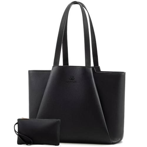 LOVEVOOK Laptop Tote for Women - 15.6 Inch Faux Leather Laptop Bag with Clutch, Large Capacity Office Purse Computer Briefcase for Casual Business Travel, Black
