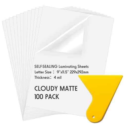 Kosiz 100 Pack Matte Self Adhesive Laminating Sheets, 9 x 11.5 Inches, 4 Mil Thick for Letter Size 8.5 x 11 Matte Finish Self Lamination Sealing, No Heat Laminating, With Scraper