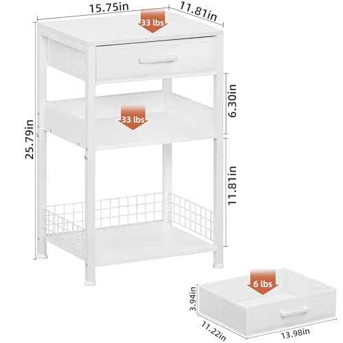 Lerliuo White Printer Stand with Fabric Drawer, 3 Tier Industrial Side Table, Modern Small Printer Desk Holder with Storage Shelf,Multi-Functional Bedside Tables for Home Office Fax Machine Scanner
