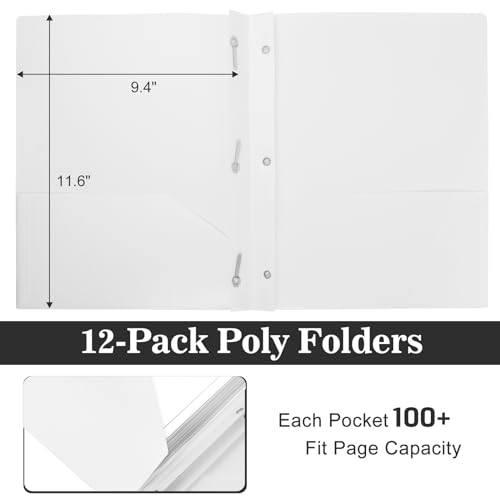60-Pack Plastic Folders with Pockets and Prongs,2-Pocket Folders with 3 Fasteners, Poly Folders Holds 8-1/2" x 11" Paper for School/Office/Home, White