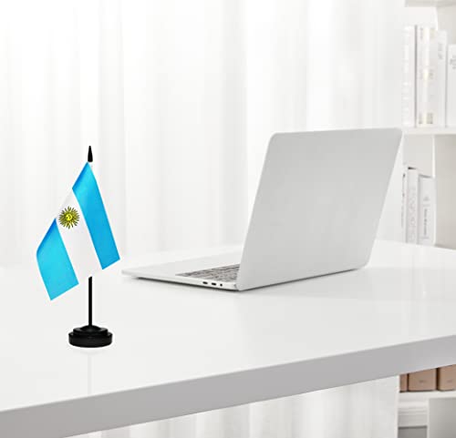 Argentina Desk Flag Set - 2 Mini Table Flags with Black Poles & Base