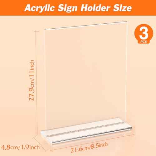 3 Pack Acrylic Sign Holder 8.5 x 11 Inches, Clear Menu Stand, Vertical Flyer Display, Table Paper Holder, Desk Brochure, Plastic Sign Display for Restaurants, Office, Store
