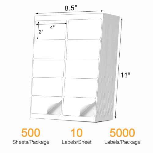[500 Sheets 5000 Pcs] 10-UP 2''x4'' Shipping Labels for Laser & Inkjet Printers, 2" x 4" Mailing Stickers, 10 Pcs Per Page Shipping Labels,8.5"¡¿11" White 500 Sheets for Printer