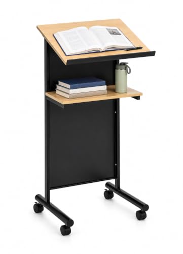 Wheeled Lectern - Standing Desk with Storage Shelf in Beech/Black (AV Direct) - Ideal for Presentations & Laptop