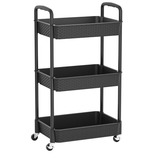 MOYIPIN 3-Tier Rolling Utility Cart with Handle, Black, 31.1" High, 15.35"D x 11.41"W, 360° Casters