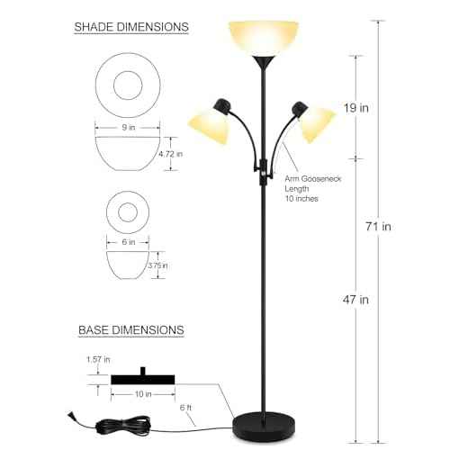 Floor Lamp Black, Standing Lamp, 71" Tall Lamps for Living Room, 3 Way Switch, Plastic Lampshade, Torchiere Floor Lamp with Reading Lamps, Modern Pole Lamps for Bedroom Kids Room E26 Base(No Bulb)