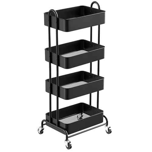 Ceayell Metal Rolling Storage Cart Heavy Duty Utility Cart Organizer with Lockable Wheels (Black, 4-Tier)