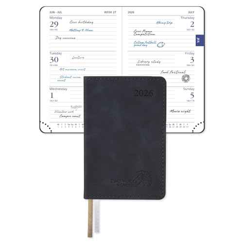 POPRUN 2026 Pocket Weekly Planner (Super Mini Size 3'' x 4.5'') 12 Months Compact Calendar for Purse, Two Pages Per Week with Monthly Overview, Soft Cover, Two Bookmark Ribbons - Black