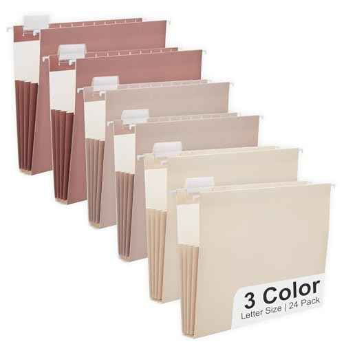 Y YOMA Letter Size - 24 Pack Extra Capacity Hanging File Folders Accordion Decorative File Folder Cute Colored Hanging Folder Organizer for Office Home with 1/5-Cut Adjustable Tabs, Mocha Color