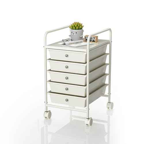 5-Tier Rolling Cart with 5 Drawers, Rolling Utility Cart with 2 Lockable Caster Wheels, Multipurpose Mobile Rolling Storage Drawer Cart for Office Bathroom Kitchen, Ivory White