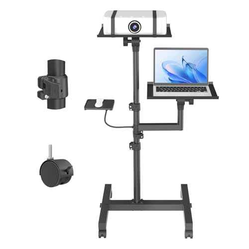 2 Shelves Mobile Projector Stand, Rolling Laptop Stand Adjustable Height to 47 Inches, Podium Stands with Ventilated Tray, Heavy Duty, Laptop Floor Stand for Office, Home, Stage, DJ