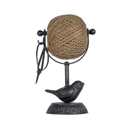 SOFFEE DESIGN Cast Iron Jute Twine Spool with Scissors Holder Set Vintage Style for Garden Farmhouse Kitchen, Natural Jute Twine String & Rope Rack & Scissors, Bird Decorative