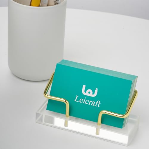 Leicraft Golden Business Card Holder for Desk - Modern Acrylic & Metal Organizer