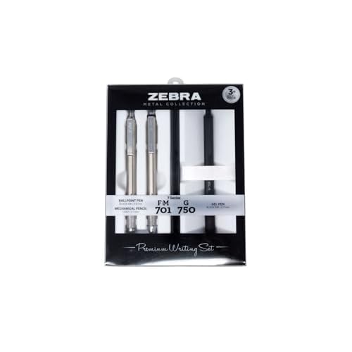 Zebra Pen Premium Writing Gift Set 3-Pack, Black Ink, Medium/Fine Point, Includes G-750 Gel Pen, F-701 Ballpoint Pen, and M-701 Mechanical Pencil, Metal Barrels, Refillable (10513)