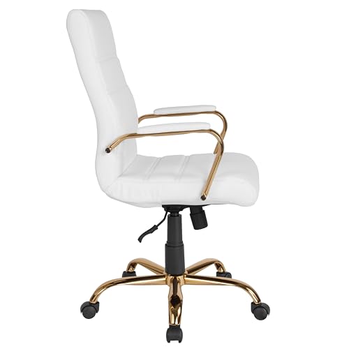 Flash Furniture Whitney Mid-Back Swivel LeatherSoft Desk Chair with Padded Seat and Armrests, Adjustable Height Padded Office Chair, 27"D x 26"W x 43"H, White/Gold
