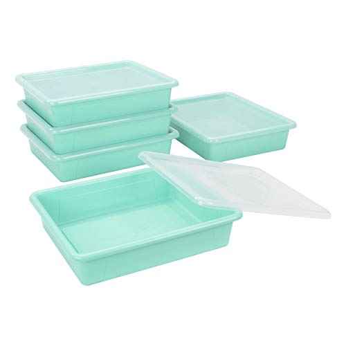 Storex Letter Size Flat Storage Tray ? Organizer Bin with Non-Snap Lid for Classroom, Office and Home, Teal, 5-Pack (62541U05C)