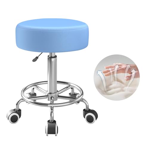 Rolling Stool, Heavy Weight Capacity 250lb, PU Leather Rolling stools, Ultra Soft Padded Seat, Rolling Stools with Wheels and Footrest, 360¡Æ Swivel, Spa Drawing Salon Work Office Tattoo Stool (blue)