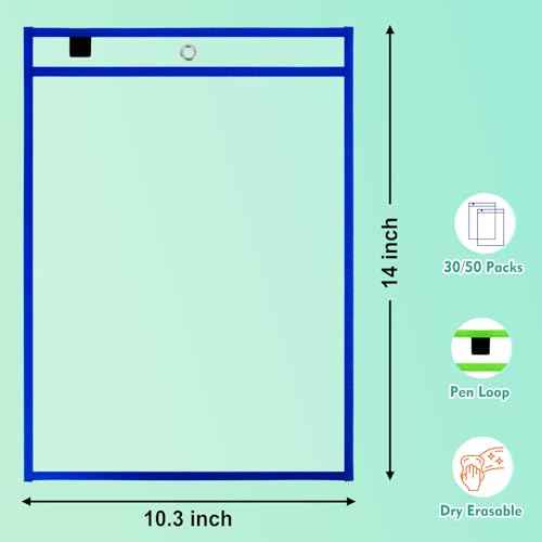 30 Packs Dry Erase Pocket Sleeves, Reusable Clear Plastic Classroom Pocket, 10x14 Inch Ticket Holders, Plastic Sleeves for School/Office Organization
